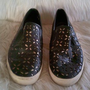Black Leather Upper Cut-Out Silver Underlay Slip On Sneakers